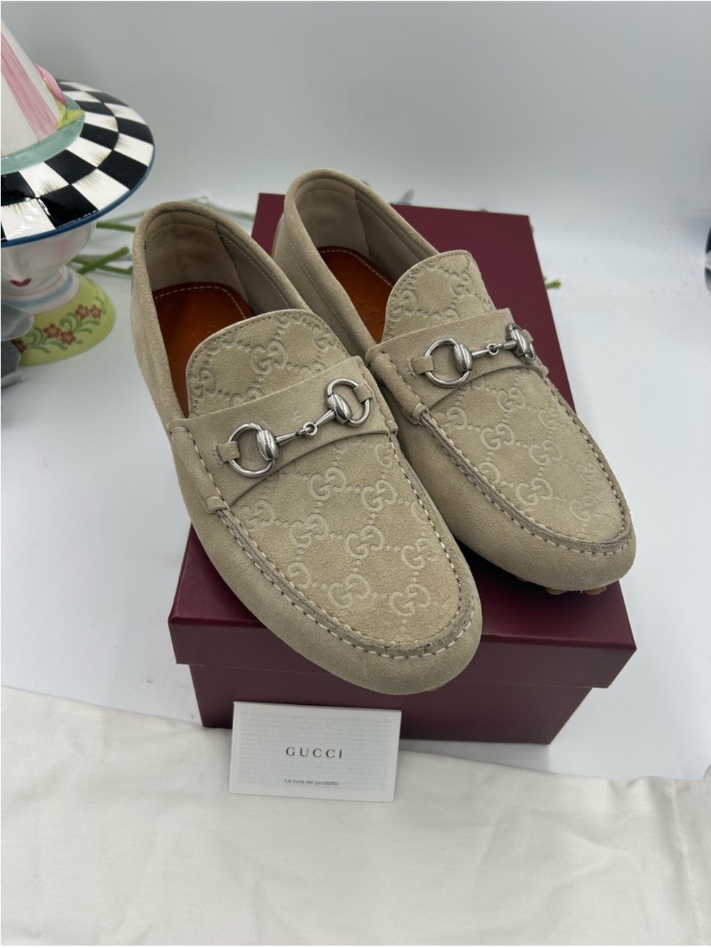 Men’s Gucci suede oatmeal GG embossed driver loafer size 8 fits nine US - Picture 9 of 10